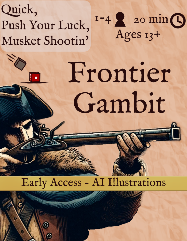 Hero image for Frontier Gambit board game. This image features and 18th century hunter aiming a musket with a square barrel. The game is quick, push your luck, and has musket shooting. For 1 to 4 players.