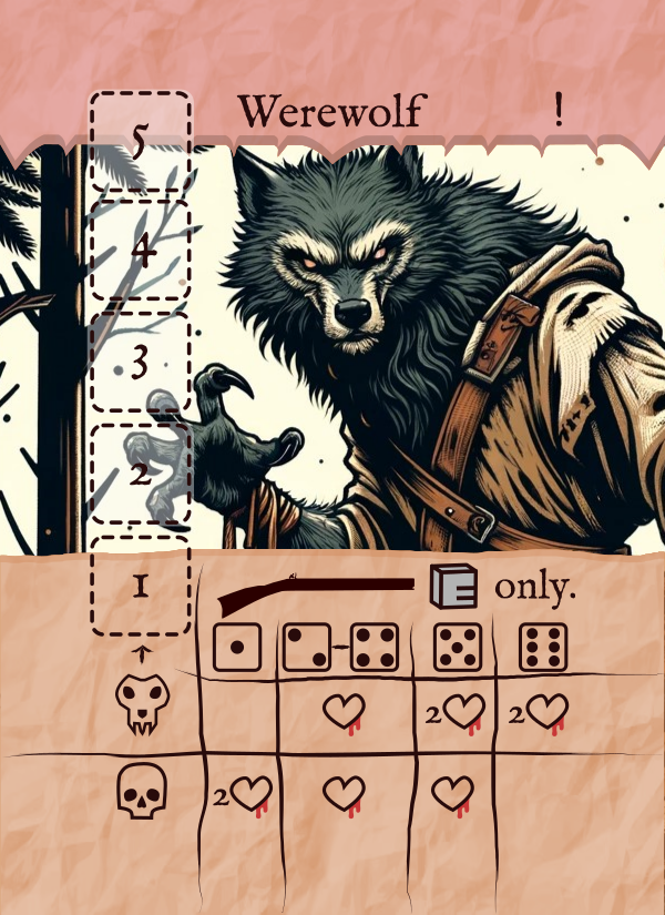 This image features the werewolf card from Frontier Gambit. This encounter requires combat with the dark creature.