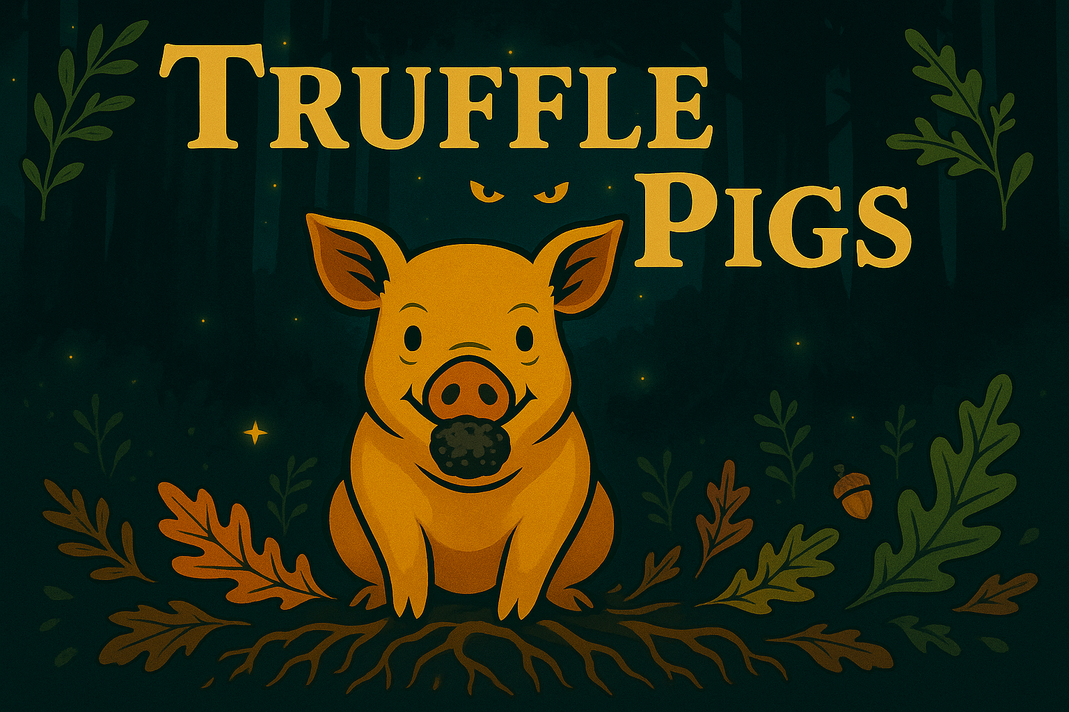 Truffle Pigs the Card Game Backdrop art showing a happy pig with a truffle in his mouth. There is a pair of ominous eyes in the forest behind him.