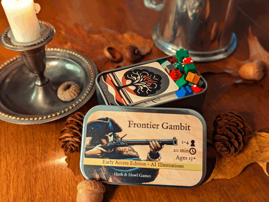 A photo of Frontier Gambit packaged into a tall mint tin.