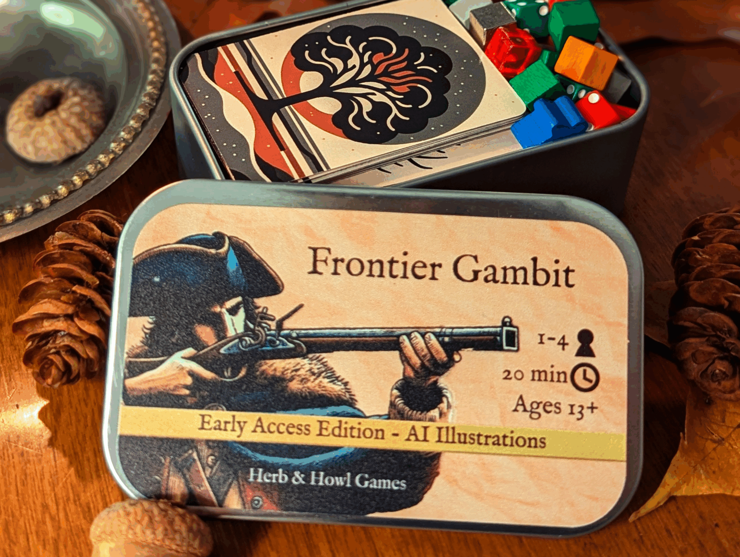 A photo of Frontier Gambit packaged into a tall mint tin.