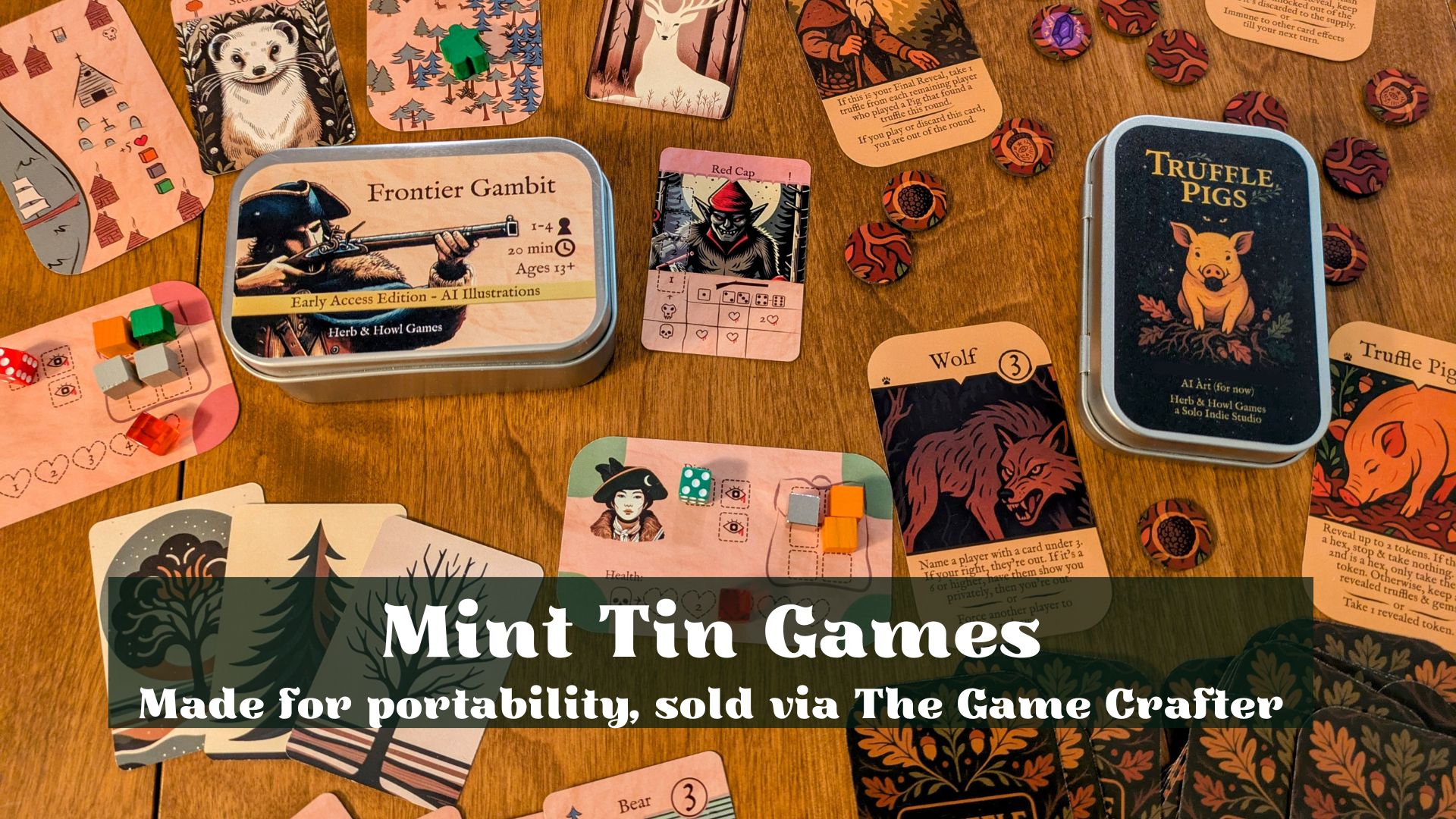 a picture of two mint tin games by Herb and Howl Games. Frontier Gambit & Truffle Pigs