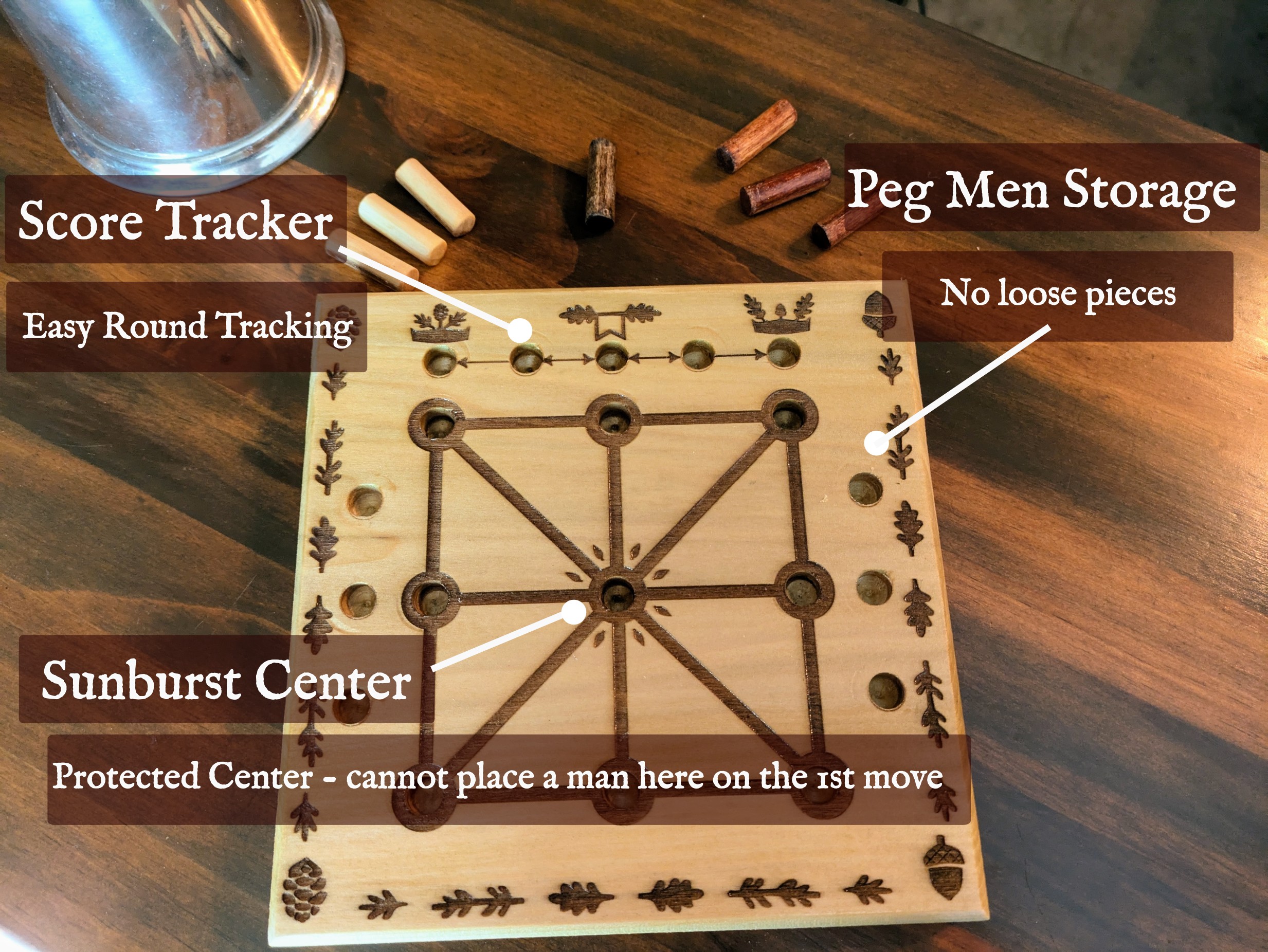 This Three Men's Morris board features a score tracker, a specially designed center position, and extra positions for the storage of the peg men.