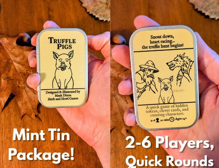 A hand holding the Truffle Pigs Card Game Mint Tin, showing the front and back of the package.