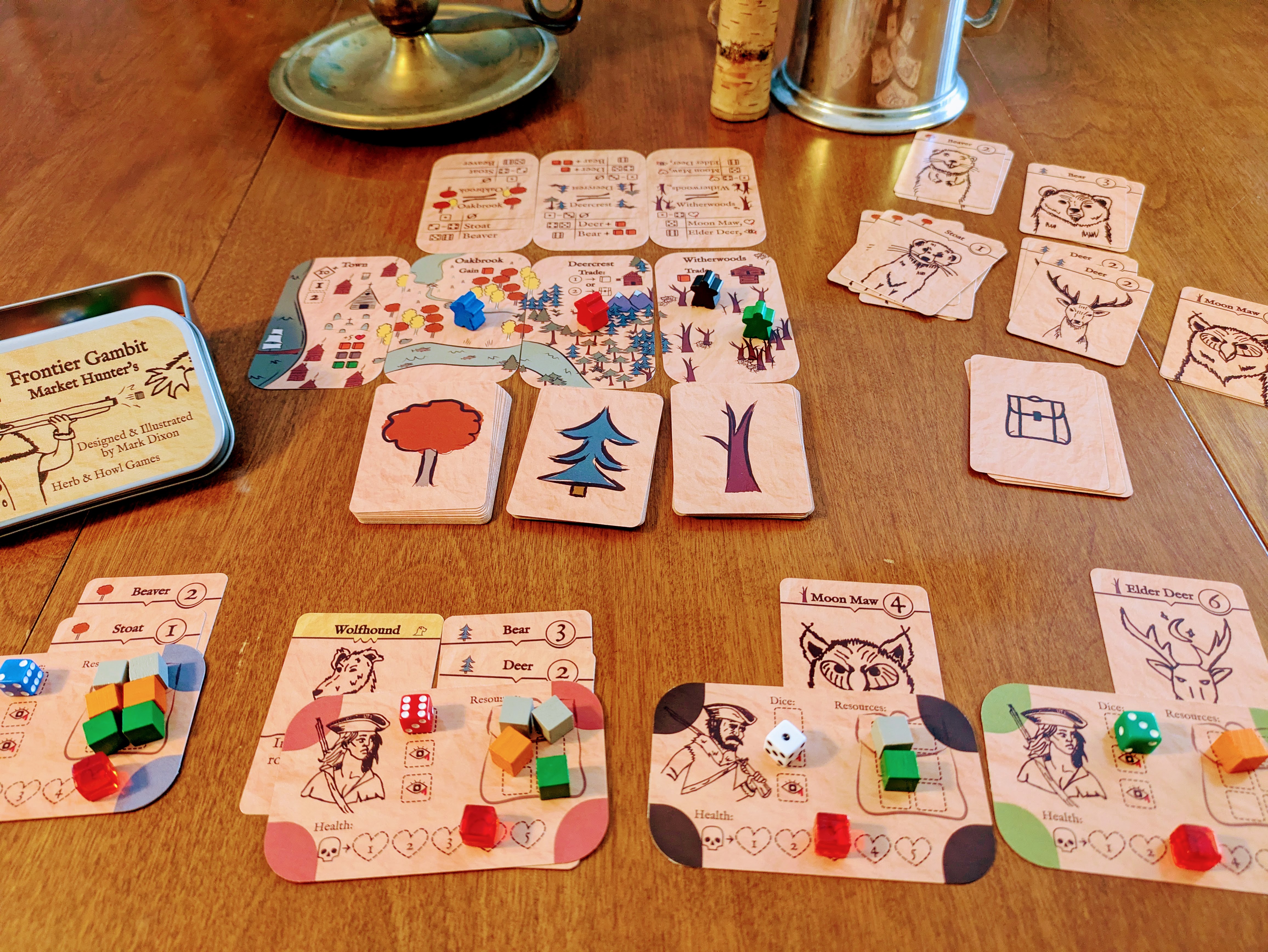 Frontier Gambit Market Hunters boardgame setup on a table